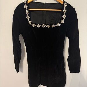 Black Velvet Mini Dress with Rhinestone Floral Neckline, Size XS